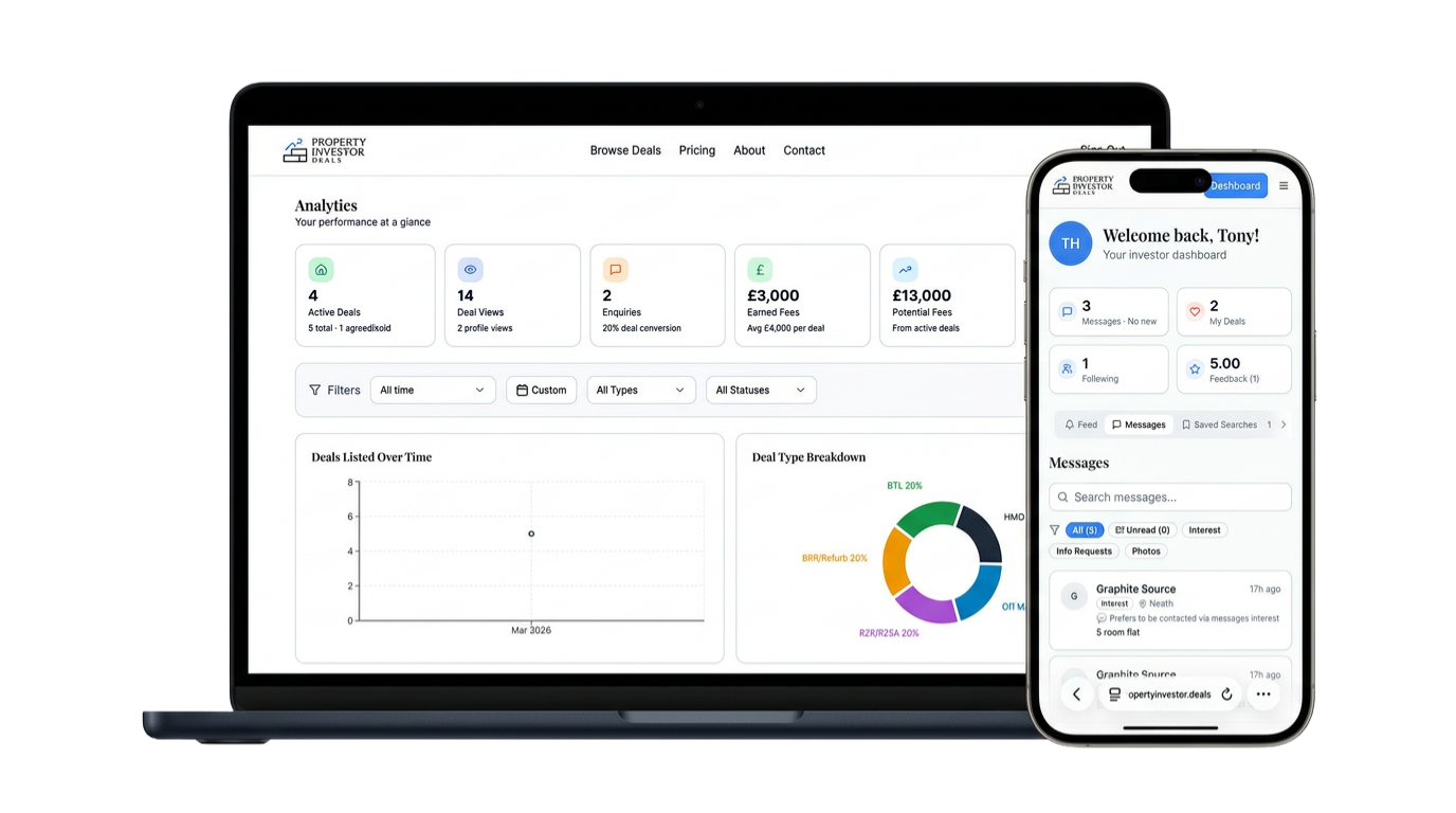 Property investment deal sourcing platform - desktop and mobile view PropertyInvestor.Deals platform showing sourcer analytics dashboard on desktop and investor dashboard on mobile